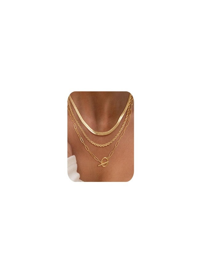 CHESKY 14K Gold Plated Layered Herringbone Necklaces for Women, Trendy Chain Necklace Snake Rope Link Chains Simple Chunky Toggle Clasp Necklace Set Fashion Jewelry - Image 1